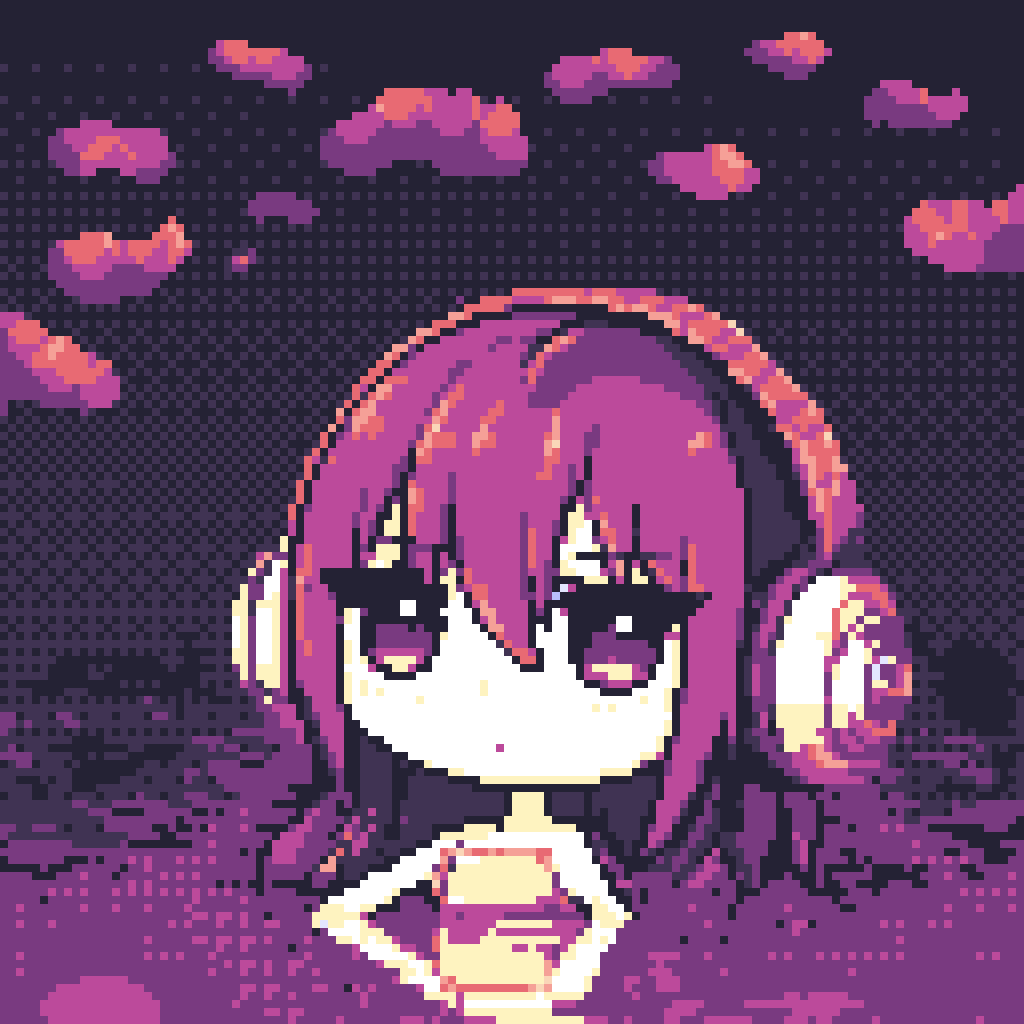 Chibi character with headphones under pixel clouds — music cover art