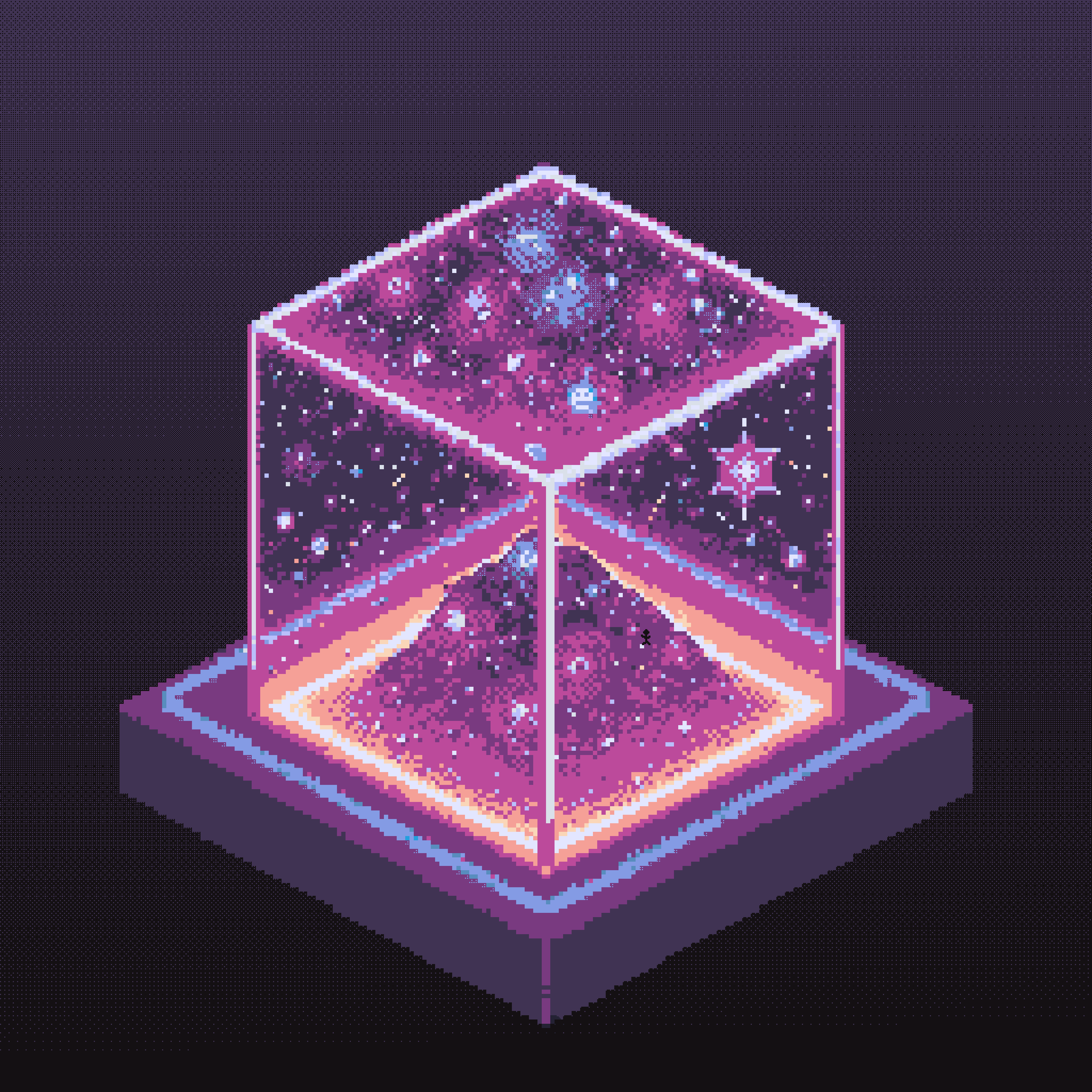 Isometric glass cube with starfield interior — music cover art