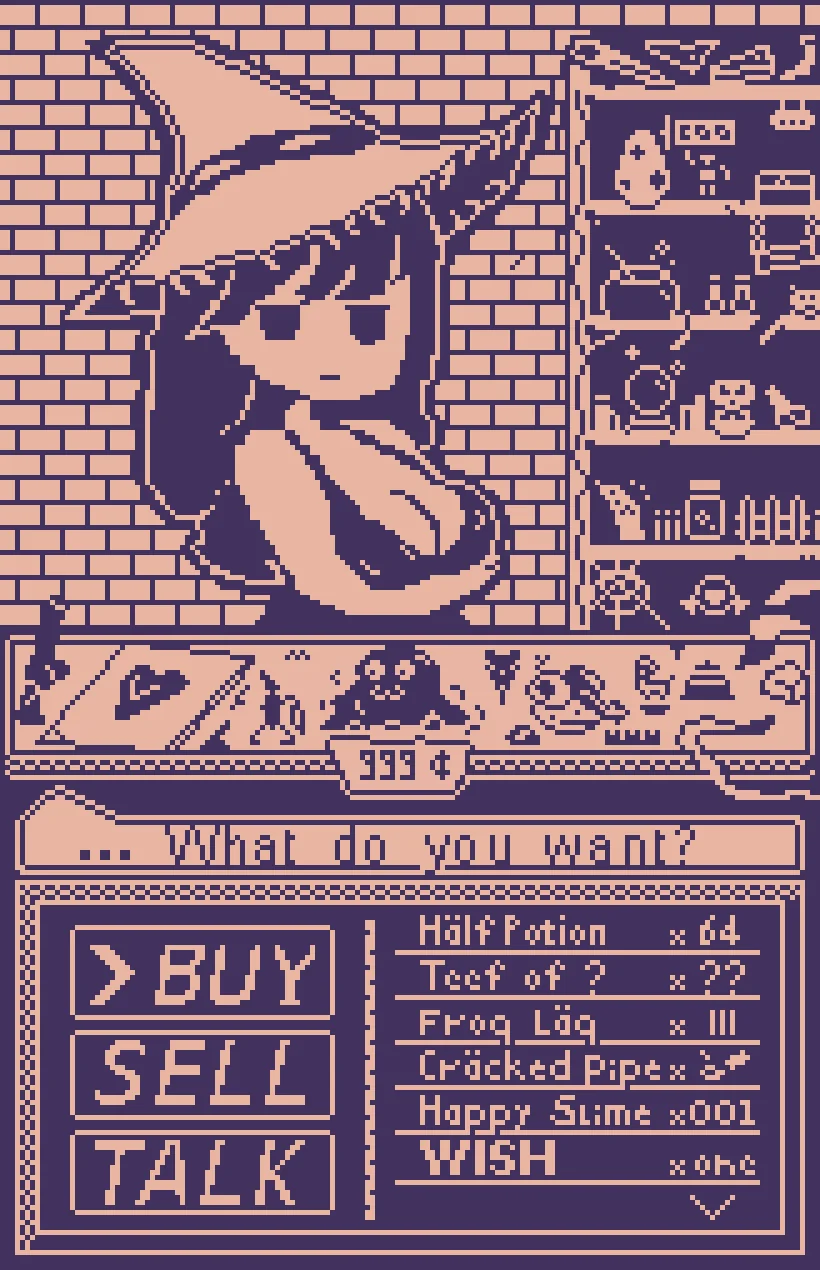 1-bit pixel art — witch shopkeeper with 'What do you want?' dialog and item menu